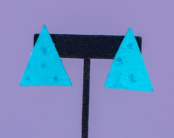 80s inspired geometric one of a kind leather suede ostrich turquoise blue teal triangle memphis design earrings