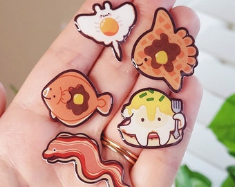 Breakfast Sea Creature Pins / 1" Handmade Shrink Plastic Pins