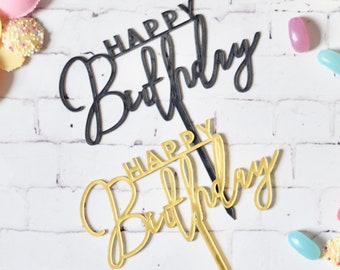 Modern Happy Birthday Acrylic Cake Topper | Gold | Black | Mirror Shine | Durable Reuseable