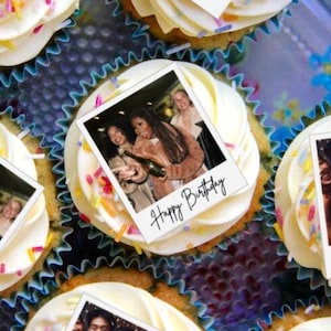 16 Edible Polaroid Cupcake Toppers | Cake Decorations | Any Image and Text | Icing Sheet and Wafer/Rice Paper | Personalised Custom