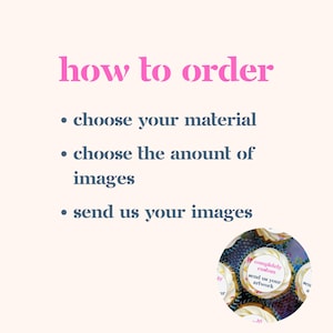May include: How to order custom cupcakes: choose your material, the number of images, and send us your images. The image shows a close-up of cupcakes with custom designs that say "completely custom" and "send us your artwork".