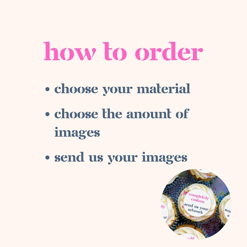 May include: How to order custom cupcakes: choose your material, the number of images, and send us your images. The image shows a close-up of cupcakes with custom designs that say "completely custom" and "send us your artwork".