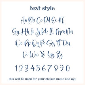 May include: A font style guide showing the alphabet in uppercase and lowercase letters, along with numbers 1 through 0. The text says "text style" and "this will be used for your chosen name and age".