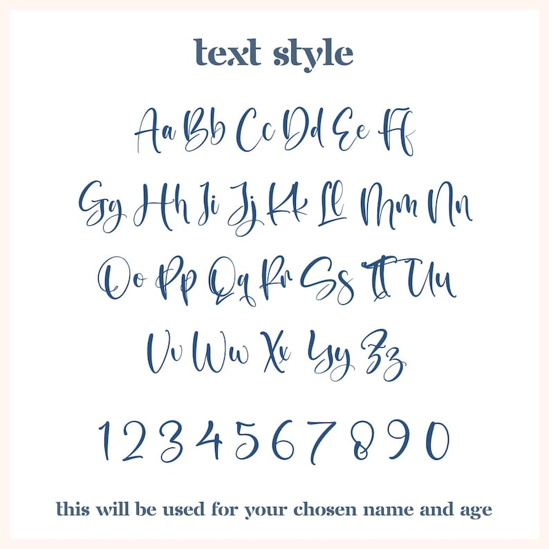 May include: A font style guide showing the alphabet in uppercase and lowercase letters, along with numbers 1 through 0. The text says "text style" and "this will be used for your chosen name and age".