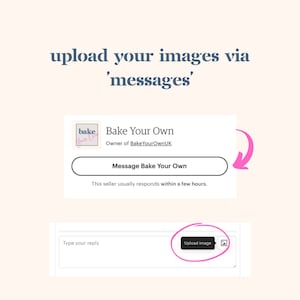May include: Screenshot of an Etsy shop message interface. The shop name is "Bake Your Own" and the message box has a button that says "Upload image".