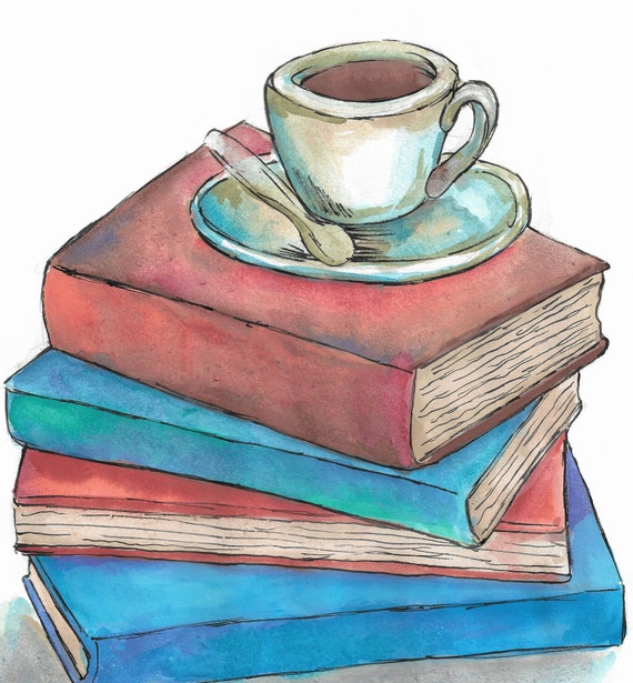 Watercolor Stack of Vintage Books and Tea Cup, Book Art, Books and