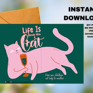 Cartões com gatos | Cartão sem crianças imprimível da senhora do gato | Cartões dos gatos | Cartão Gato | Cartão de senhora gato sem filhos para download digital