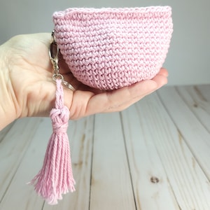 Key chain coin purse. Zip top pouch with key chain tassel. Pink crochet bag. Handmade from durable cotton yarn.