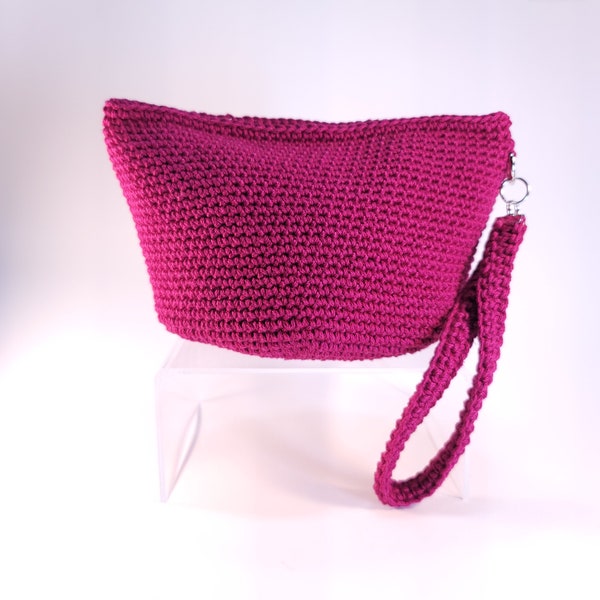Wristlet. Small clutch purse. Magenta pink, zip top bag. Handmade crochet. Cotton yarn is machine wash and dry.