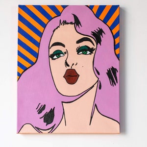 Hand Painted Pop Art Girl, Wall Decor, Pop Art Wall Art, Canvas Painting, Kiss, Free Shipping, Gift for Him