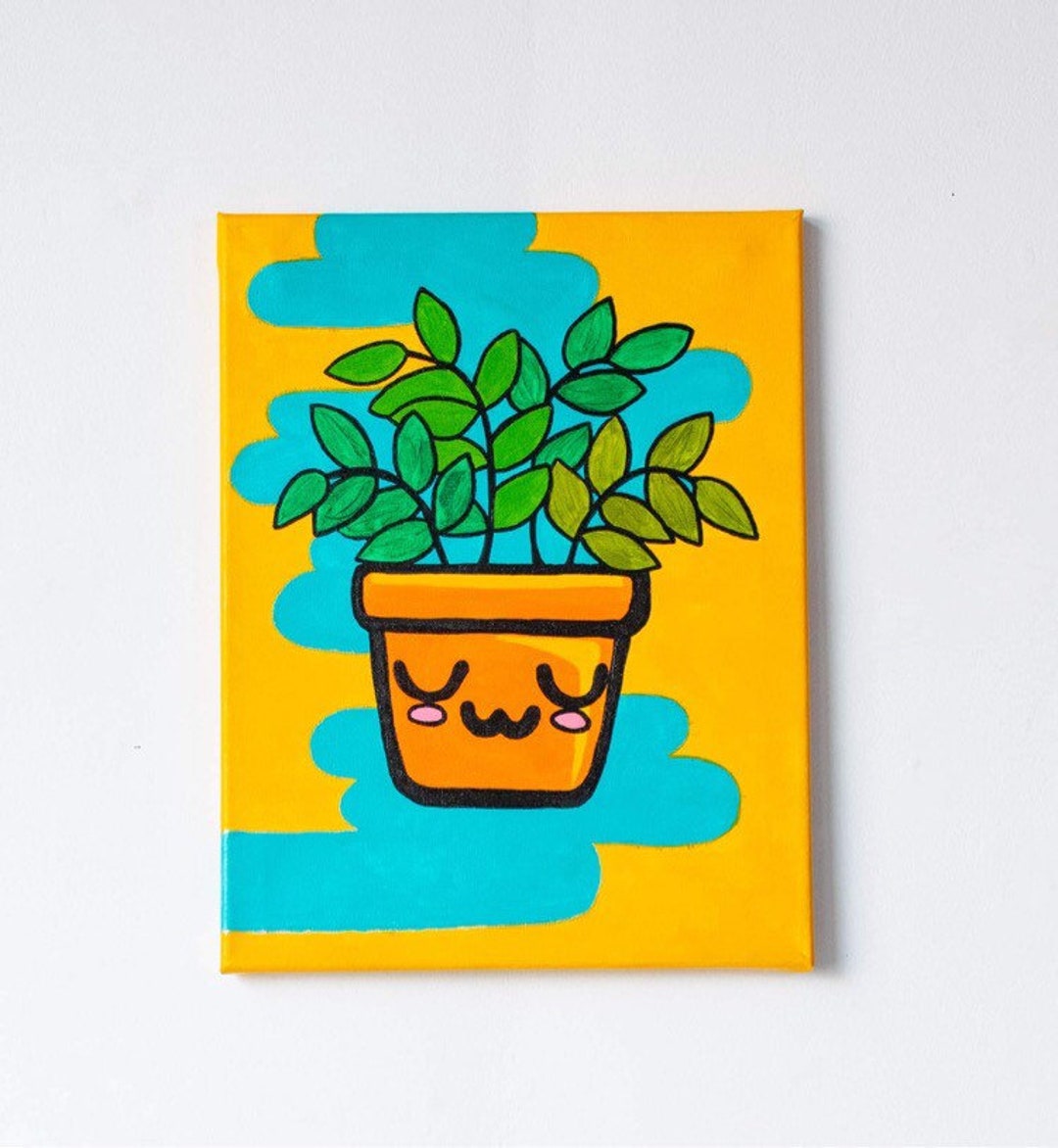 Cute Kawaii Plant, Hand Painted Canvas, Wall Decor, Canvas Painting