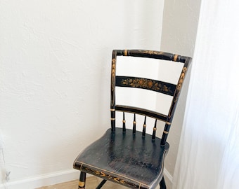 Antique 19th Century Hitchcock Style Fancy Chair - Black & Gold Stenciled - Primitive Americana Accent Chair - Circa 1860-1890