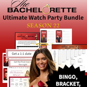 May include: The Bachelorette Ultimate Watch Party Bundle, Season 22, includes bingo cards, betting sheets, and a bracket. The image features a woman holding a rose, with text that says "Bingo, Bracket, Betting and More."