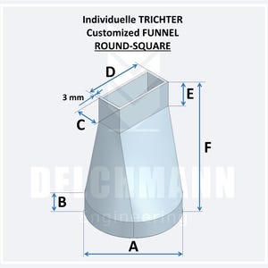 Könnte beinhalten: Diagramm eines kundenspezifischen Trichters mit den Bezeichnungen A, B, C, D, E und F für die Maße. Der Trichter besteht aus einem hellgrauen Material und hat einen runden Boden und eine quadratische Oberseite.