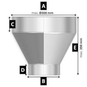 Op de afbeelding: Een technisch diagram van een zilverkleurige trechtercomponent. De illustratie bevat de labels A, B, C, D en E, met een maximale diameter van 350 mm en een maximale hoogte van 350 mm aangegeven door pijlen en tekstuele afmetingen.