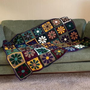 Crochet Flower Square Blanket, Retro Crochet Blanket, Flower Granny Square Throw