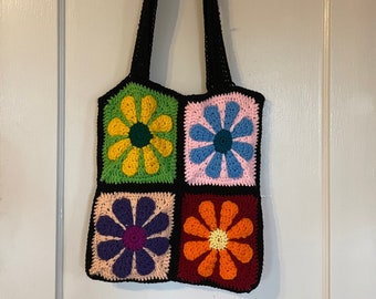Retro Crochet Flower Tote Bag