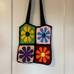 Retro Crochet Flower Tote Bag