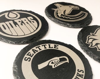 Sports team laser engraved slate coasters - Seahawks - Oilers - Canucks - Flames, etc.