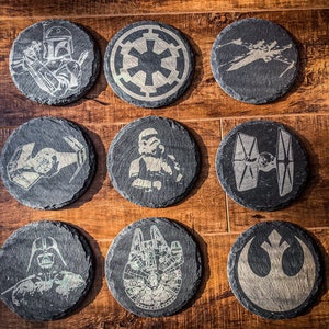 Slate Coasters - Star wars - 9 different designs. (Stormtrooper, Vader, X-wing, Tie, Boba, Millennium, Rebel, Imperial)