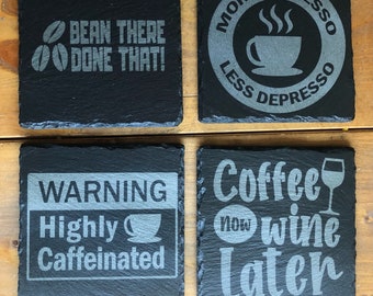 Laser Engraved Slate Coffee Coasters | Java Themed Rustic Coasters