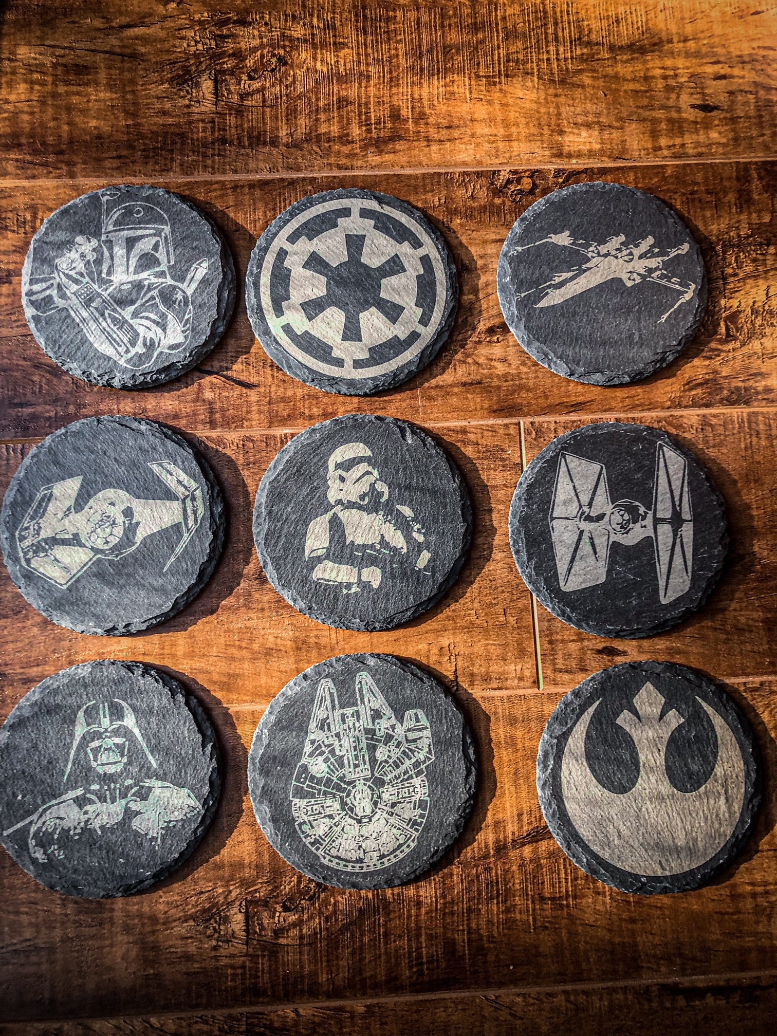 Slate Coasters - Star wars - 9 different designs. (Stormtrooper, Vader,  X-wing, Tie, Boba, Millennium, Rebel, Imperial)