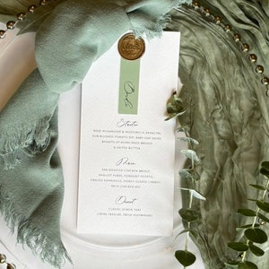 Menú de boda Sage / Menú de boda personalizado / Menú de invitados / Menú con tarjeta de lugar / Menú con sello de cera / Menú clásico