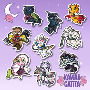 May include: A collection of kawaii cat stickers with various anime-inspired designs. Each sticker features a cat character with unique outfits and weapons, set against a purple background with floral and celestial accents. The text "KAWAII GATITA" is also visible.