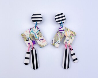 Black and White Stripes | POLYMER CLAY EARRINGS | large statement dangle earring with black nickel free posts