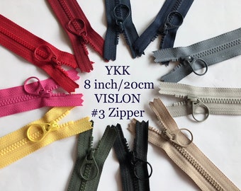 YKK #3 VISLON 8 inch (20cm ) Zipper /14 colors, Metal Ring.