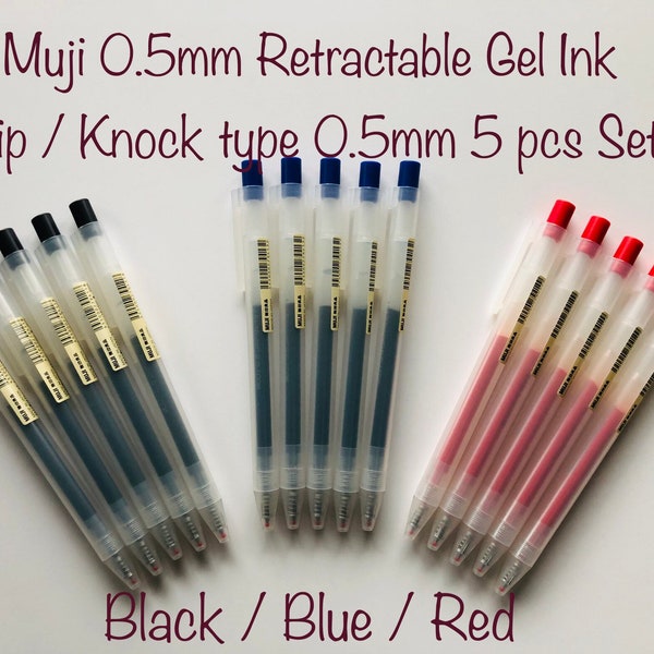 MUJI 0.5 mm Gel Ink Ballpoint  Pen,[5 pcs Set] Clip/ Retractable/ Knock type (Black / Blue / Red) Authentic Muji. Made in Japan
