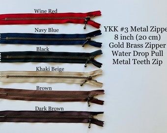 YKK #3 Metal Zipper 8 inch (20cm ) Brass Metal teeth Zip,Closed Zipper, Water Drop Pull.