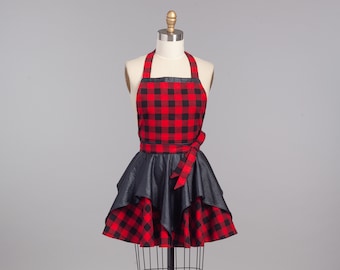 Kitchen apron - Bib with full skirt, red and black buffalo plaid flannel and black denim apron. Hostess gift.