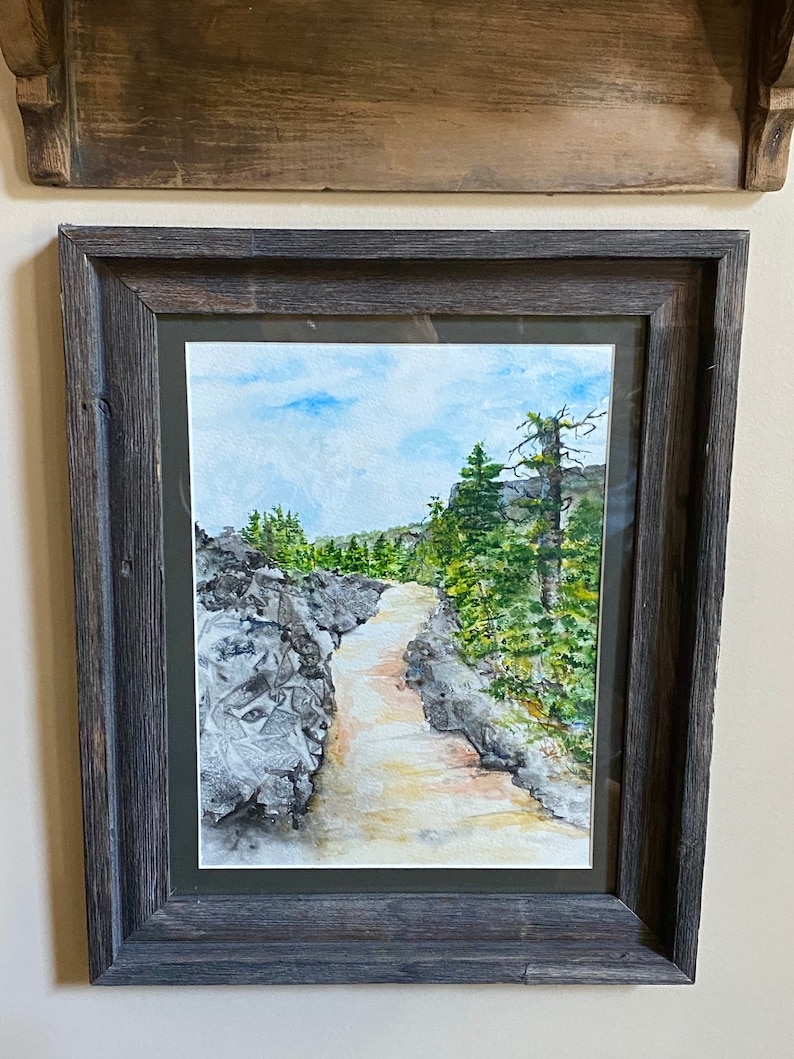 May include: A watercolor painting of a path through a rocky landscape with trees and a blue sky. The path is winding and leads to a distant horizon.