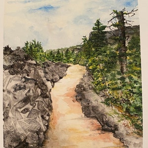 May include: A watercolor painting of a path through a forest. The path is lined with trees and rocks, and the sky is a light blue with white clouds. The path leads to a clearing in the distance.