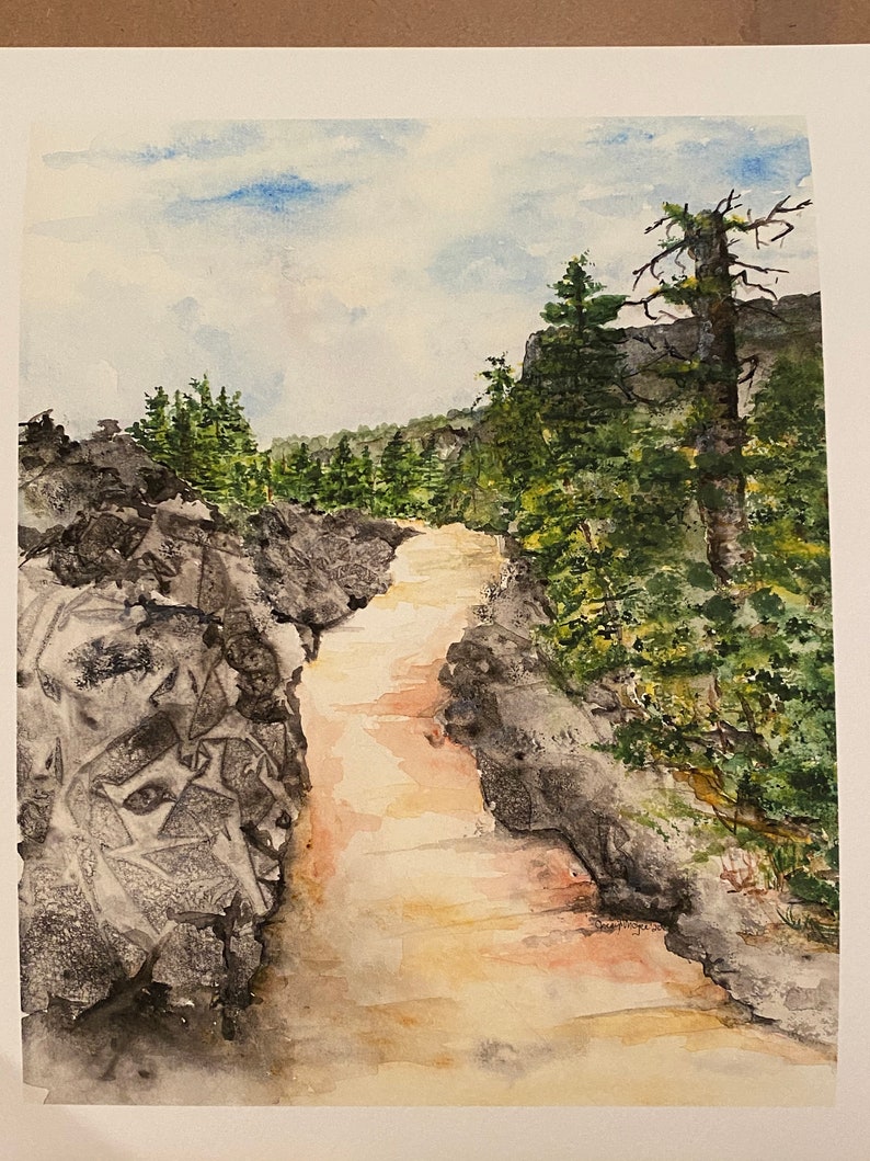 May include: A watercolor painting of a path through a forest. The path is lined with trees and rocks, and the sky is a light blue with white clouds. The path leads to a clearing in the distance.