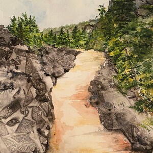 May include: Watercolor painting of a narrow canyon with a light brown stream running through it. The canyon walls are covered in dark gray rocks and green trees line the top of the canyon.