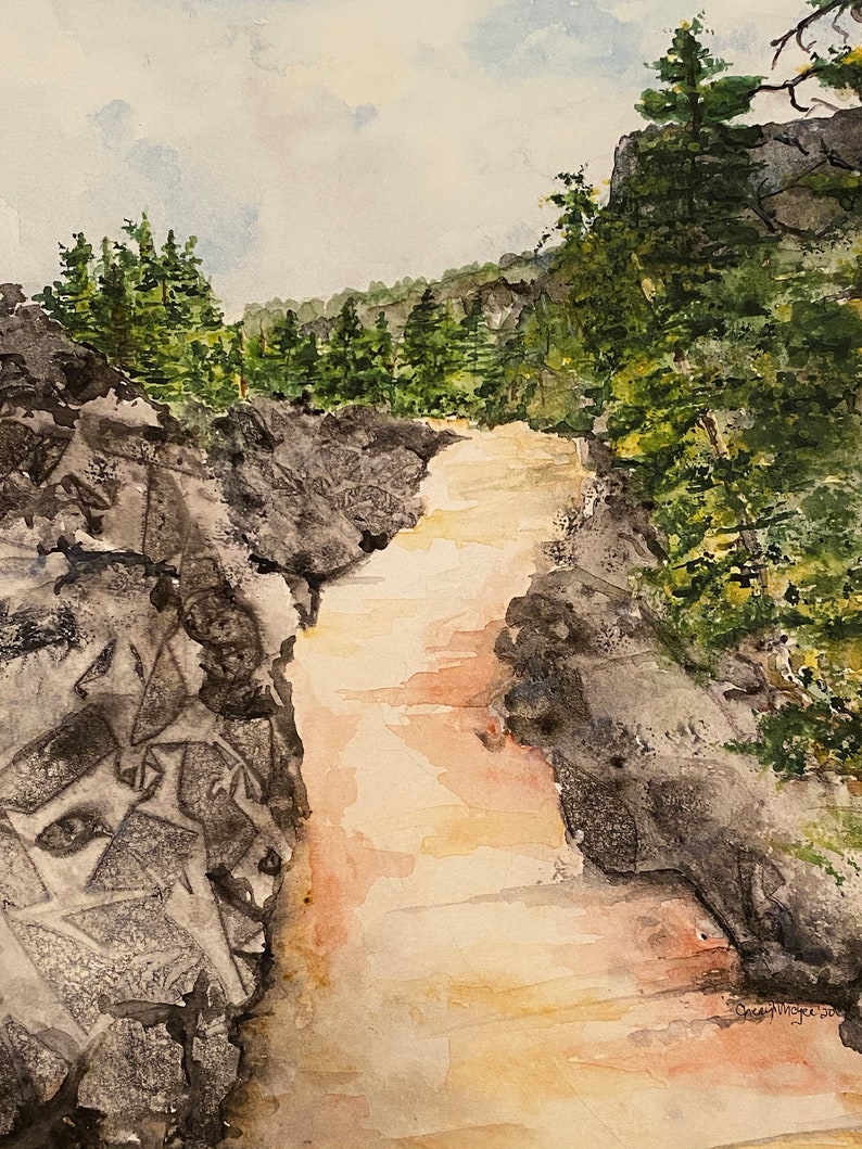 May include: Watercolor painting of a narrow canyon with a light brown stream running through it. The canyon walls are covered in dark gray rocks and green trees line the top of the canyon.