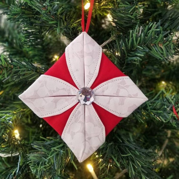 Folded Fabric Ornament | Red and White Fabric Christmas Ornament