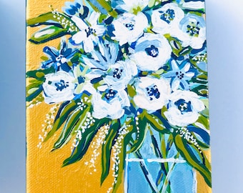 Ramo floral en tonos dorados neutros sobre lienzo pequeño / Elegante pintura floral / Miniarte floral colorido / Pintura de flores frescas / Regalo para el Día de la Madre