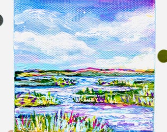 Pintura de paisaje de marisma brillante y colorida / Obra de arte original de marisma / Arte de la región costera / Obra de arte de paisaje costero pequeño / Decoración para casa de playa