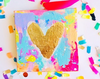 Corazón de lámina de oro de colores sobre lienzo en miniatura / Regalo de San Valentín para niña / Decoración de San Valentín / Arte de corazón en miniatura / Corazón abstracto colorido