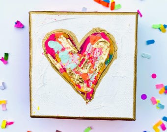 CORAZÓN TEXTURIZADO DE COLORES en lienzo pequeño / Obra de arte de corazón de confeti / Decoración del hogar de corazón / Corazón arcoíris / Regalo del Día de la Madre / Regalo para el maestro