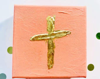 Obra de arte con cruz naranja tropical / Cruz dorada sobre fondo melocotón texturizado / Decoración con cruz de sorbete naranja / Decoración cristiana de casa de playa