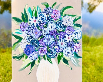 Ramo de flores silvestres coloridas en jarrón blanco sobre lienzo pequeño / Regalo para el Día de la Madre / Mini arte floral / Arte floral sencillo y elegante