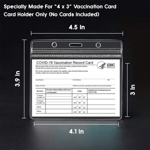 May include: A clear plastic card holder designed to fit a 4 by 3 inch vaccination card. The holder has a black border and a CDC logo. The text "COVID-19 Vaccination Record Card" is printed on the card holder.