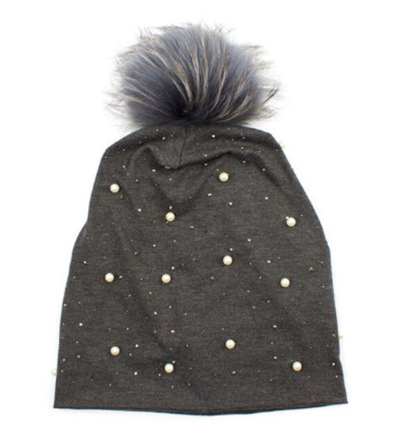 NEW Womens Gray Pearl and Rhinestone Beanie Amazon.com: LiuliuBull Rhinestone Pearl Women Beanie Hat  main image 4