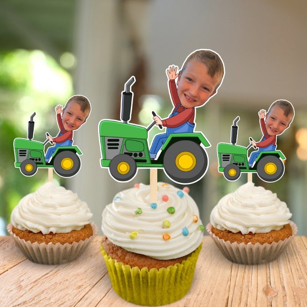 Digital Download ** Tractor Head Photo Birthday Cupcake Toppers Personalised farmer Birthday Cake topper boys girls pow