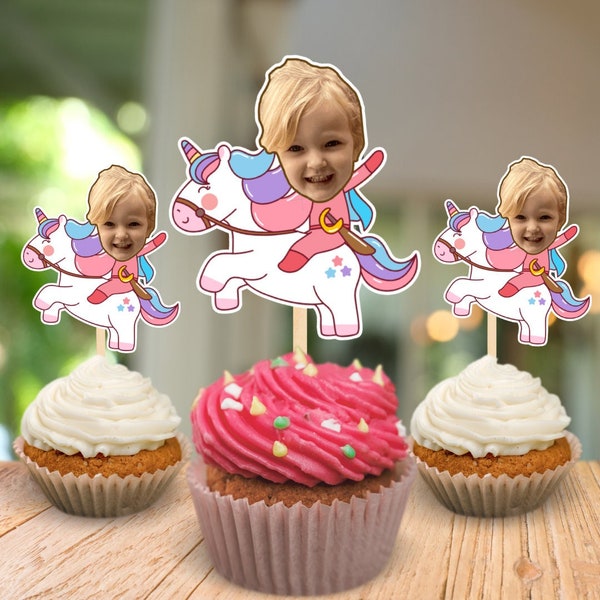 Digital Download ** Unicorn Head  Photo Cupcake Toppers, Personalised pink , Birthday Cake topper girls Birthday