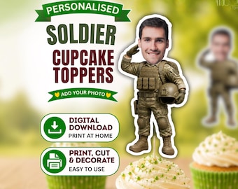Printbare cupcakeversieringen met soldaatmotief, gepersonaliseerde militaire verjaardagstaartdecoraties, legerfeestdecoratie, thema militaire dienst, digitale download
